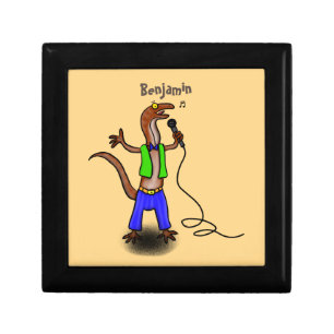 Funny lizard singing with microphone cartoon gift box
