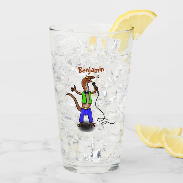 Funny lizard singing with microphone cartoon glass (Back Ice)