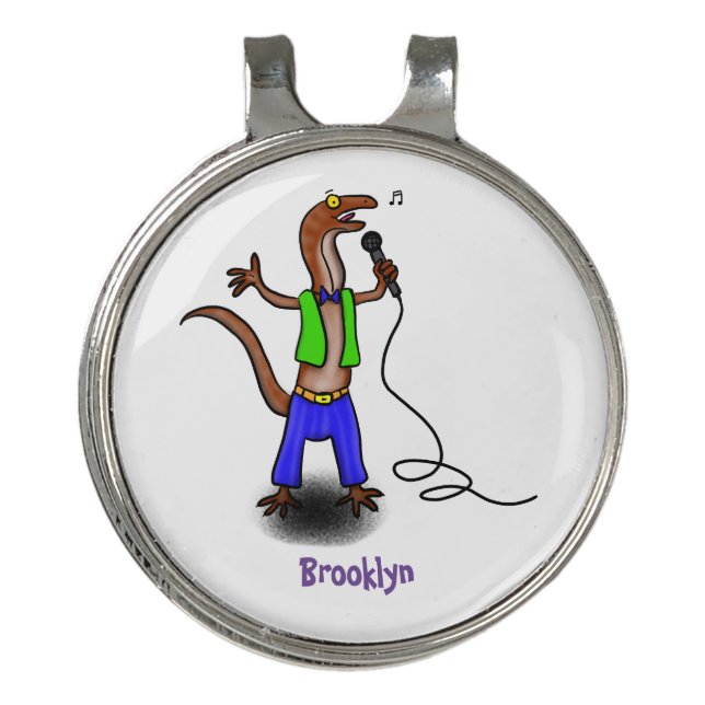 Funny lizard singing with microphone cartoon golf hat clip (Front)