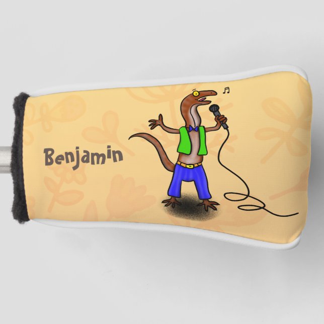 Funny lizard singing with microphone cartoon golf head cover (Front)