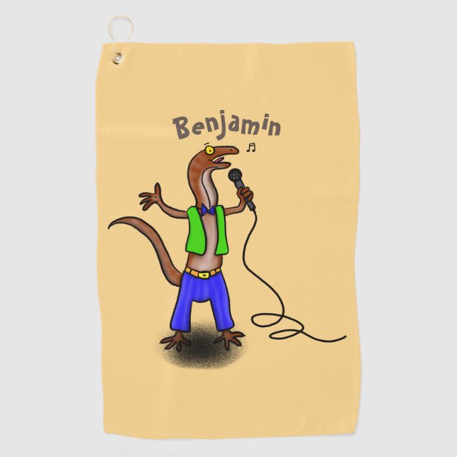 Funny lizard singing with microphone cartoon  golf towel (Front)