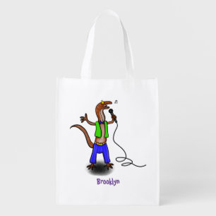 Funny lizard singing with microphone cartoon grocery bag