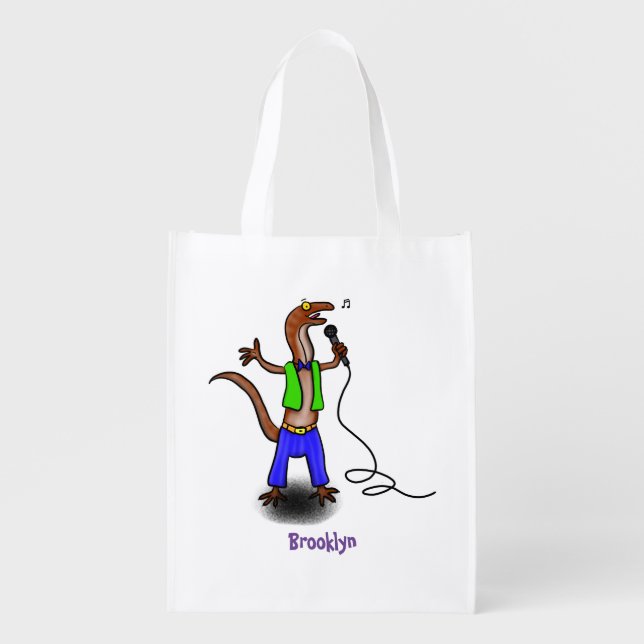 Funny lizard singing with microphone cartoon grocery bag (Front)