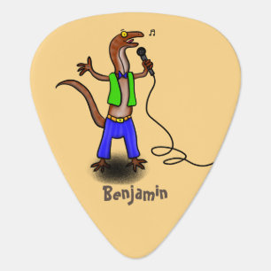 Funny lizard singing with microphone cartoon guitar pick