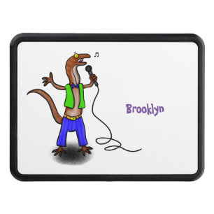 Funny lizard singing with microphone cartoon hitch cover