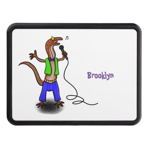 Funny lizard singing with microphone cartoon hitch cover