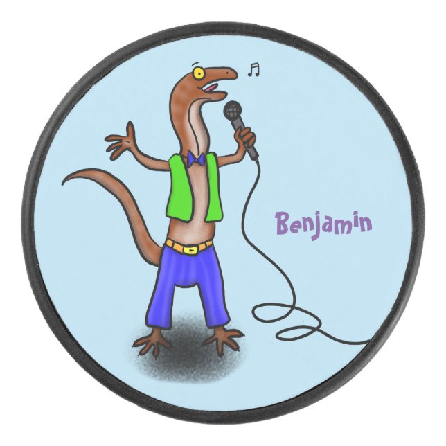 Funny lizard singing with microphone cartoon hockey puck (Front)