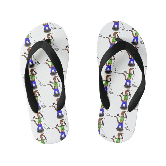 Funny lizard singing with microphone cartoon kid's flip flops (Footbed)