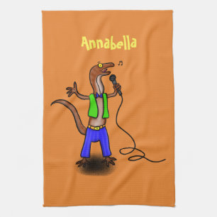 Funny lizard singing with microphone cartoon kitchen towel