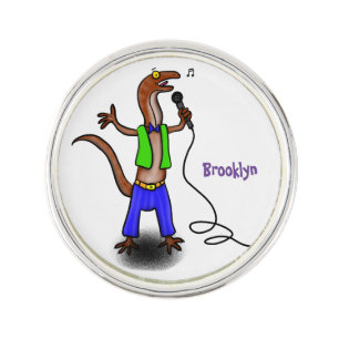 Funny lizard singing with microphone cartoon lapel pin