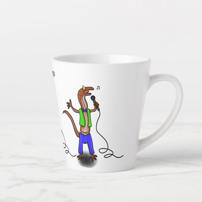 Funny lizard singing with microphone cartoon latte mug (Right)