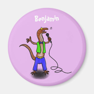 Funny lizard singing with microphone cartoon magnet