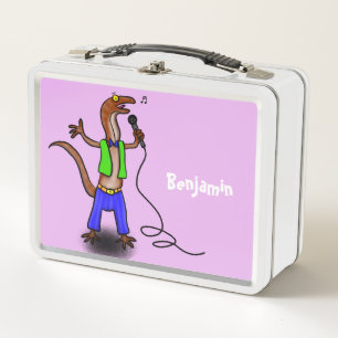 Funny lizard singing with microphone cartoon metal lunch box