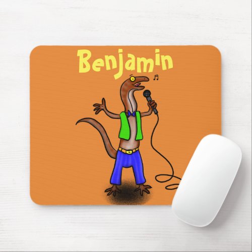 Funny lizard singing with microphone cartoon mouse pad