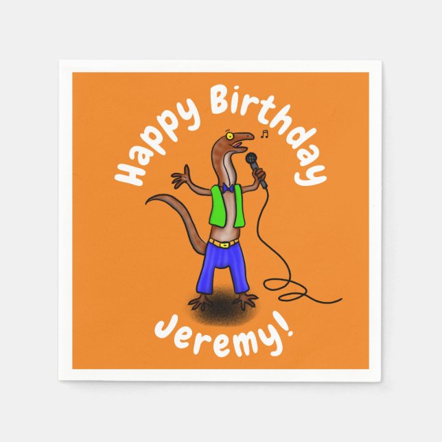 Funny lizard singing with microphone cartoon napkins (Front)