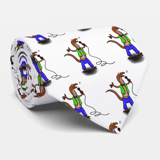 Funny lizard singing with microphone cartoon neck tie (Rolled)