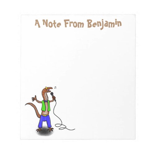Funny lizard singing with microphone cartoon notepad