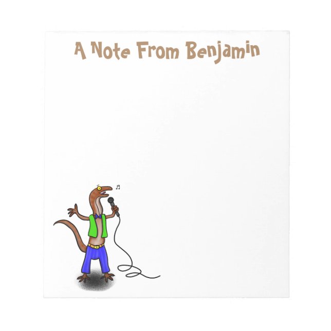 Funny lizard singing with microphone cartoon notepad (Front)