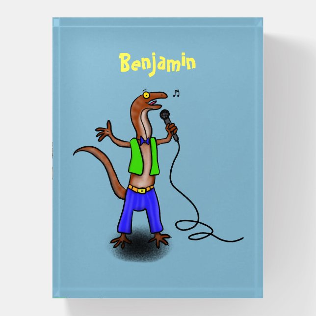 Funny lizard singing with microphone cartoon paperweight (Vertical)