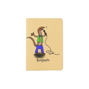 Funny lizard singing with microphone cartoon passport holder