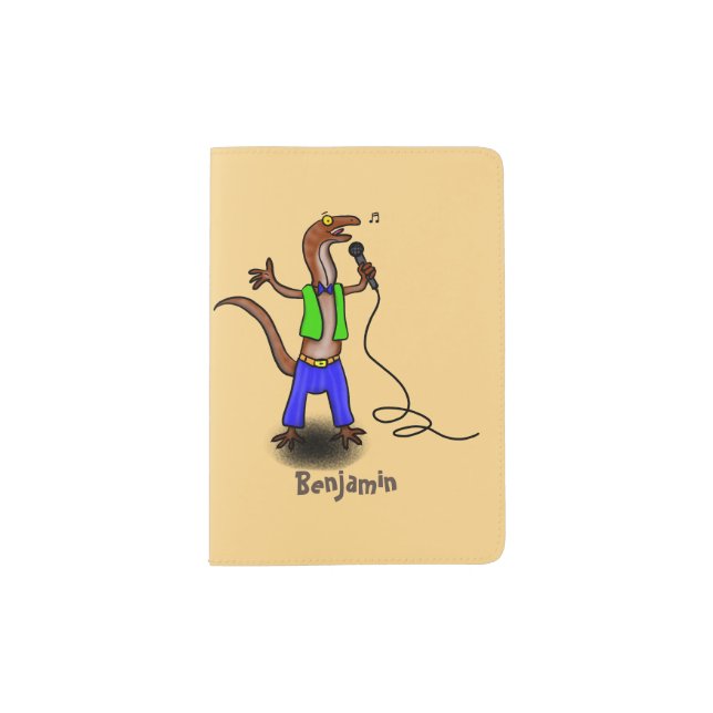 Funny lizard singing with microphone cartoon passport holder (Front)