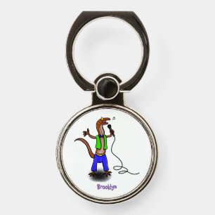 Funny lizard singing with microphone cartoon phone ring stand