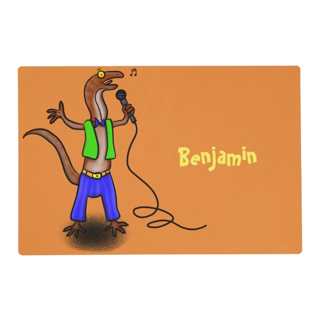 Funny lizard singing with microphone cartoon placemat (Front)