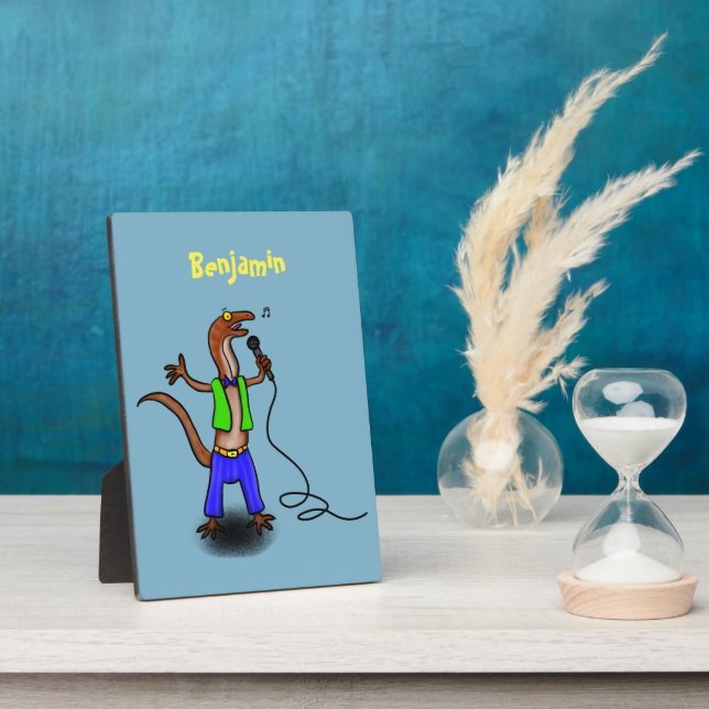 Funny lizard singing with microphone cartoon plaque (Side)