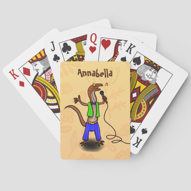 Funny lizard singing with microphone cartoon poker cards (Back)