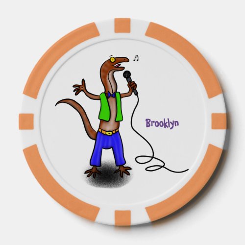 Funny lizard singing with microphone cartoon poker chips