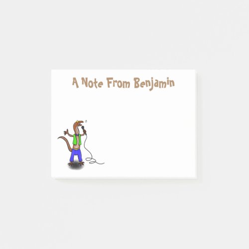 Funny lizard singing with microphone cartoon post_it notes