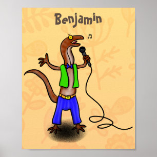 Funny lizard singing with microphone cartoon poster