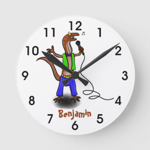 Funny lizard singing with microphone cartoon round clock