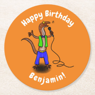 Funny lizard singing with microphone cartoon round paper coaster