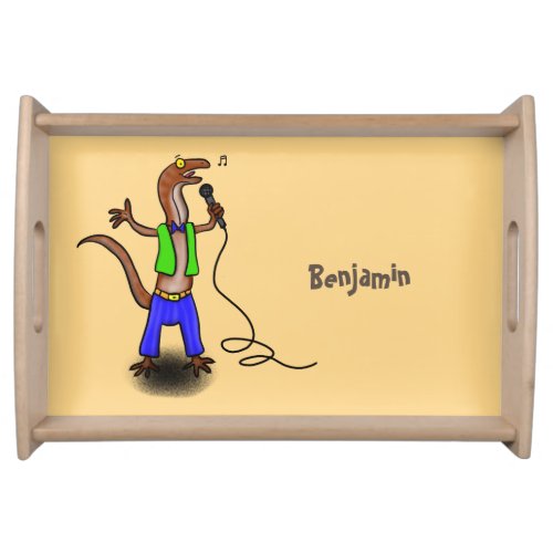 Funny lizard singing with microphone cartoon serving tray