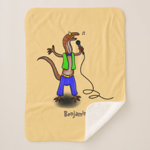 Funny lizard singing with microphone cartoon sherpa blanket