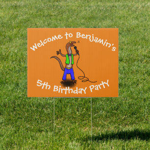 Funny lizard singing with microphone cartoon sign