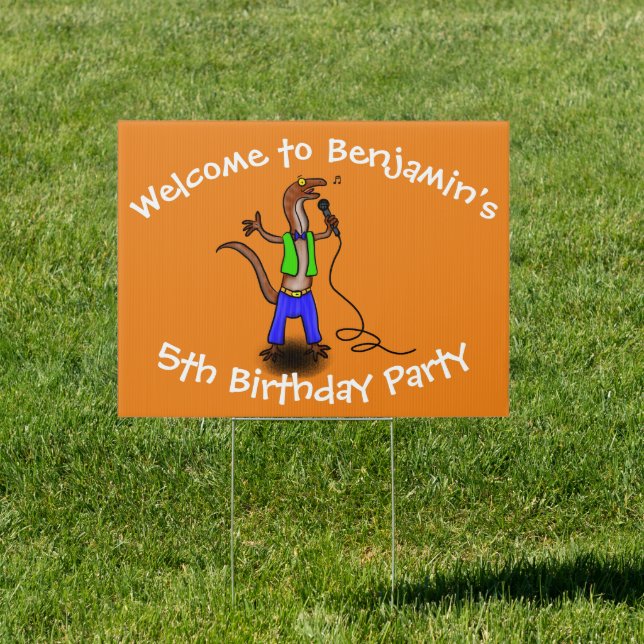 Funny lizard singing with microphone cartoon sign (Insitu)