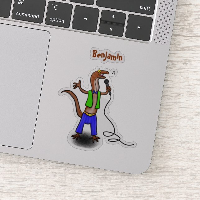 Funny lizard singing with microphone cartoon sticker (Detail)