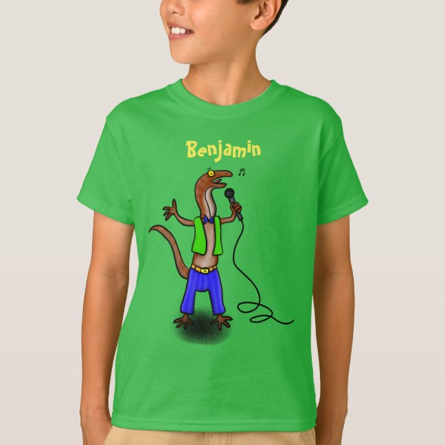 Funny lizard singing with microphone cartoon T-Shirt (Front)