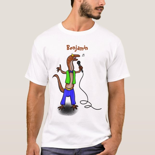 Funny lizard singing with microphone cartoon T-Shirt (Front)