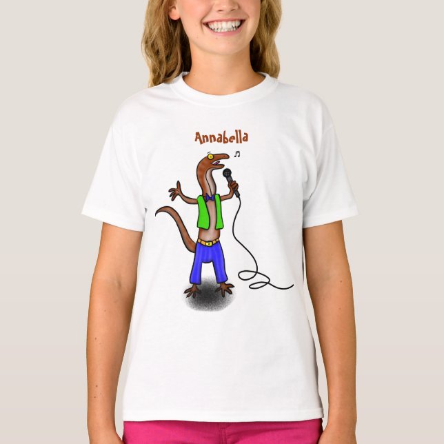 Funny lizard singing with microphone cartoon T-Shirt (Front)