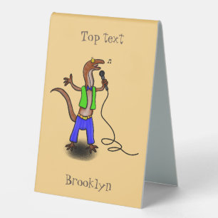 Funny lizard singing with microphone cartoon table tent