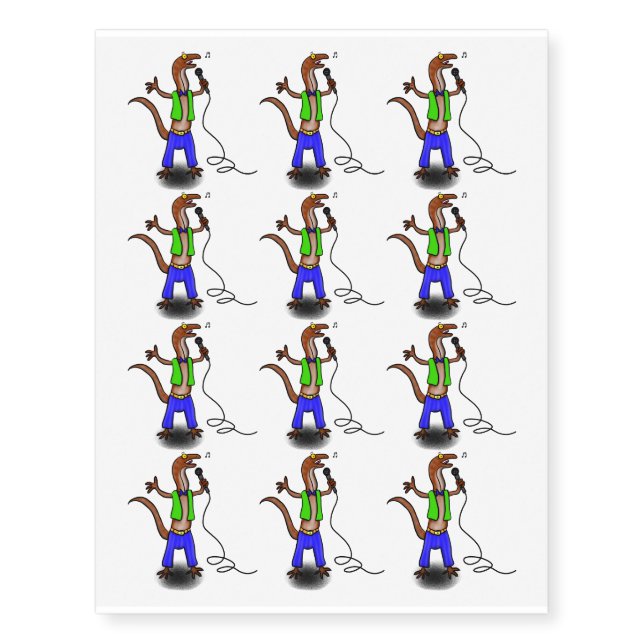Funny lizard singing with microphone cartoon temporary tattoos (Front)