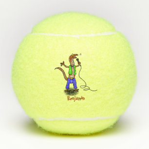 Funny lizard singing with microphone cartoon tennis balls