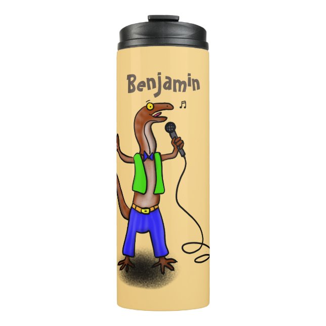 Funny lizard singing with microphone cartoon thermal tumbler (Front)