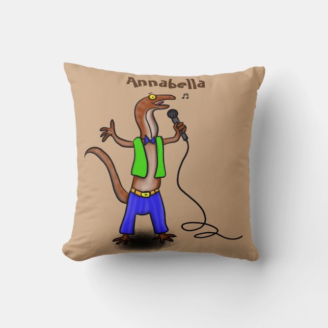 Funny lizard singing with microphone cartoon throw pillow (Front)