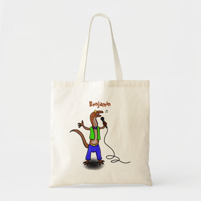Funny lizard singing with microphone cartoon tote bag (Front)