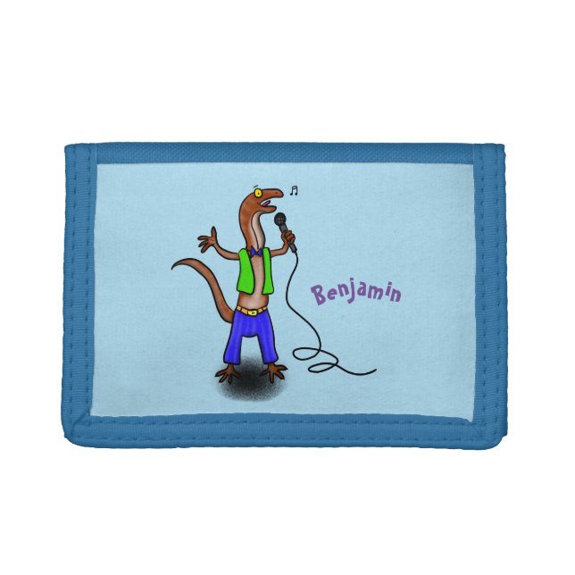 Funny lizard singing with microphone cartoon trifold wallet (Front)