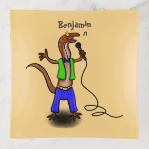 Funny lizard singing with microphone cartoon trinket tray